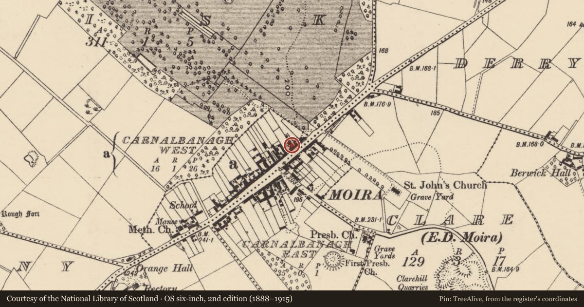 Ordnance Survey six-inch map, 2nd edition (1888–1915) covering the location of David Johnston Bedroom Furniture, Lisburn and Castlereagh, with a pin at the register's coordinates
