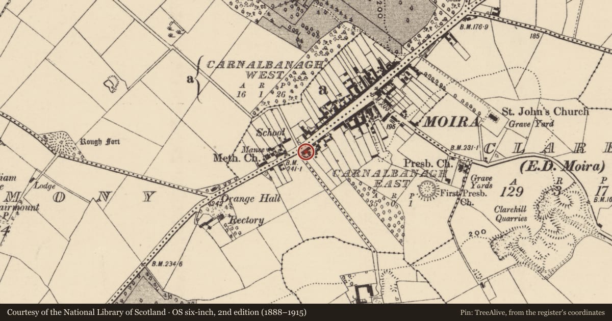 Ordnance Survey six-inch map, 2nd edition (1888–1915) covering the location of 35 Main St., Lisburn and Castlereagh, with a pin at the register's coordinates