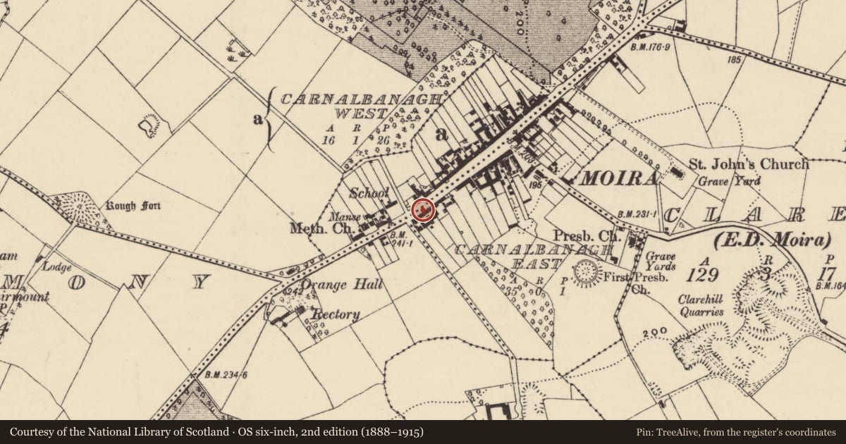 Ordnance Survey six-inch map, 2nd edition (1888–1915) covering the location of 37-39 Main Street, Lisburn and Castlereagh, with a pin at the register's coordinates