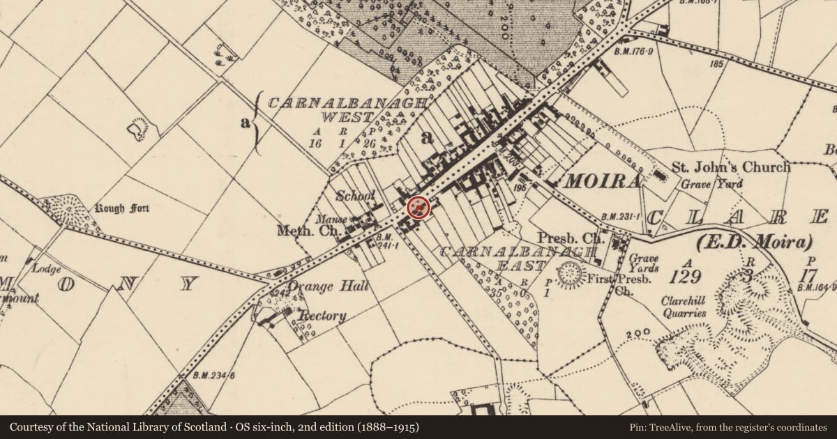 Ordnance Survey six-inch map, 2nd edition (1888–1915) covering the location of 45 Main Street, Lisburn and Castlereagh, with a pin at the register's coordinates