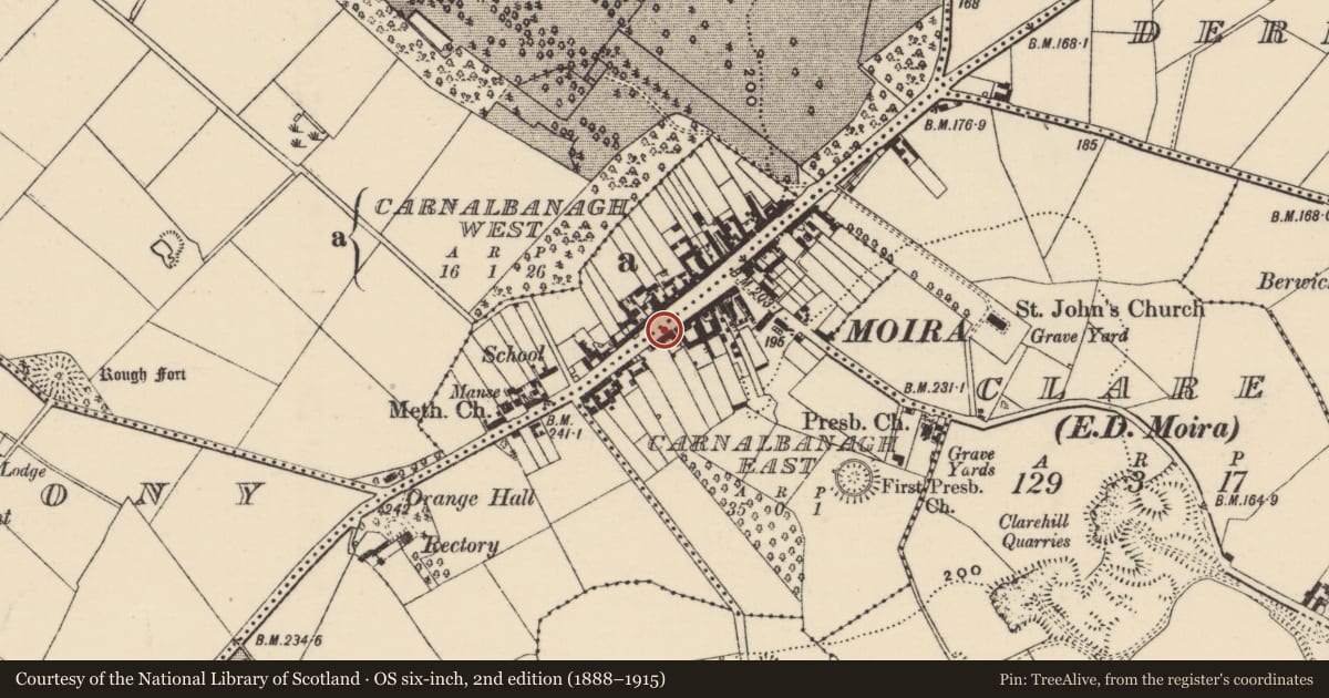 Ordnance Survey six-inch map, 2nd edition (1888–1915) covering the location of 53-55 Main Street, Lisburn and Castlereagh, with a pin at the register's coordinates
