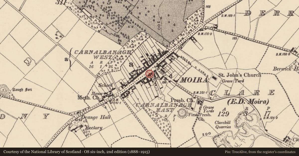 Ordnance Survey six-inch map, 2nd edition (1888–1915) covering the location of 65 Main Street, Carnalbanagh East, Lisburn and Castlereagh, with a pin at the register's coordinates