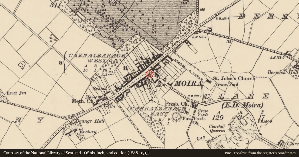 Ordnance Survey six-inch map, 2nd edition (1888–1915) covering the location of 71 Main Street, Carnalbanagh East, Lisburn and Castlereagh, with a pin at the register's coordinates