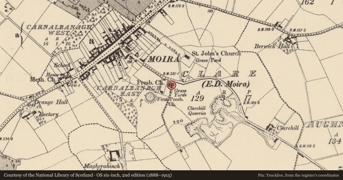 Ordnance Survey six-inch map, 2nd edition (1888–1915) covering the location of Moira Non-Subscribing Presbyterian Church, Lisburn and Castlereagh, with a pin at the register's coordinates