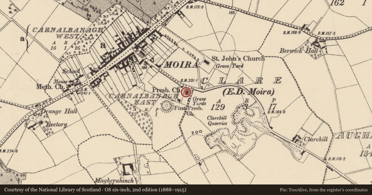 Ordnance Survey six-inch map, 2nd edition (1888–1915) covering the location of Moira Presbyterian Church, Lisburn and Castlereagh, with a pin at the register's coordinates
