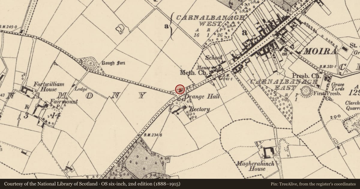 Ordnance Survey six-inch map, 2nd edition (1888–1915) covering the location of Deramore Orange Hall, Lisburn and Castlereagh, with a pin at the register's coordinates
