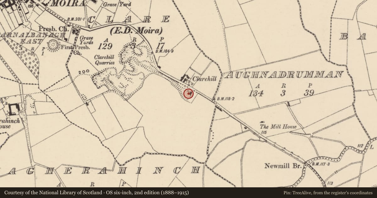Ordnance Survey six-inch map, 2nd edition (1888–1915) covering the location of Disused Lime Kilns, Clare, Lisburn and Castlereagh, with a pin at the register's coordinates
