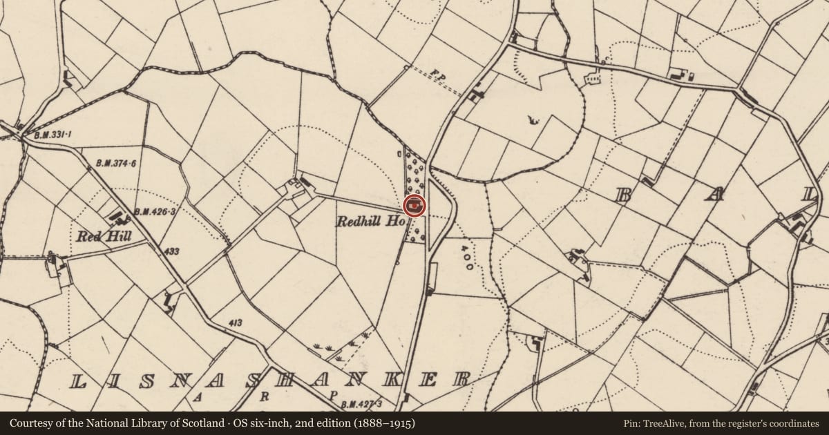 Ordnance Survey six-inch map, 2nd edition (1888–1915) covering the location of Redhill House, Lisnashanker, Lisburn and Castlereagh, with a pin at the register's coordinates