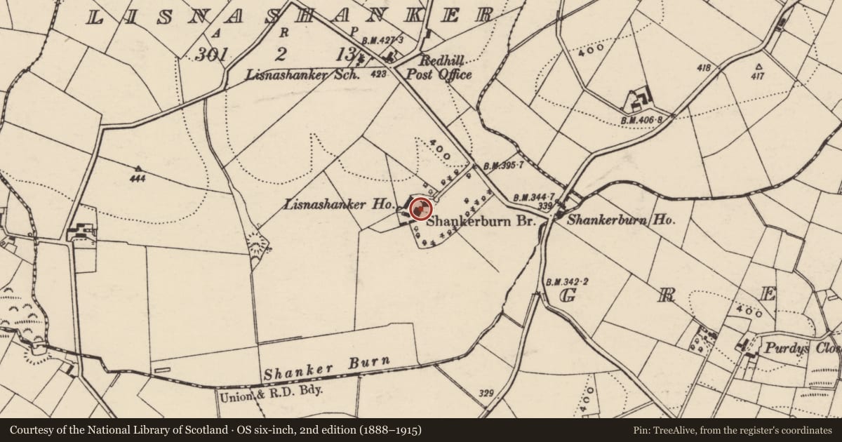 Ordnance Survey six-inch map, 2nd edition (1888–1915) covering the location of Lisnashanker House, Lisburn and Castlereagh, with a pin at the register's coordinates