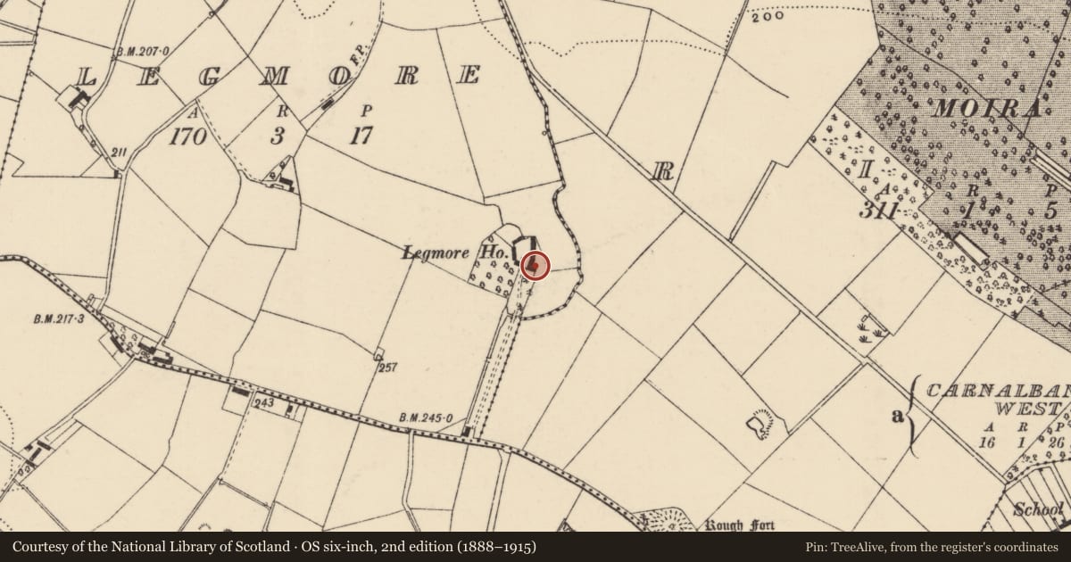 Ordnance Survey six-inch map, 2nd edition (1888–1915) covering the location of Legmore House, Lisburn and Castlereagh, with a pin at the register's coordinates