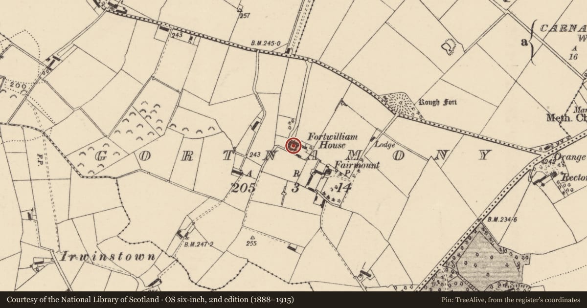Ordnance Survey six-inch map, 2nd edition (1888–1915) covering the location of Fortwilliam House, Gortnamony, Lisburn and Castlereagh, with a pin at the register's coordinates
