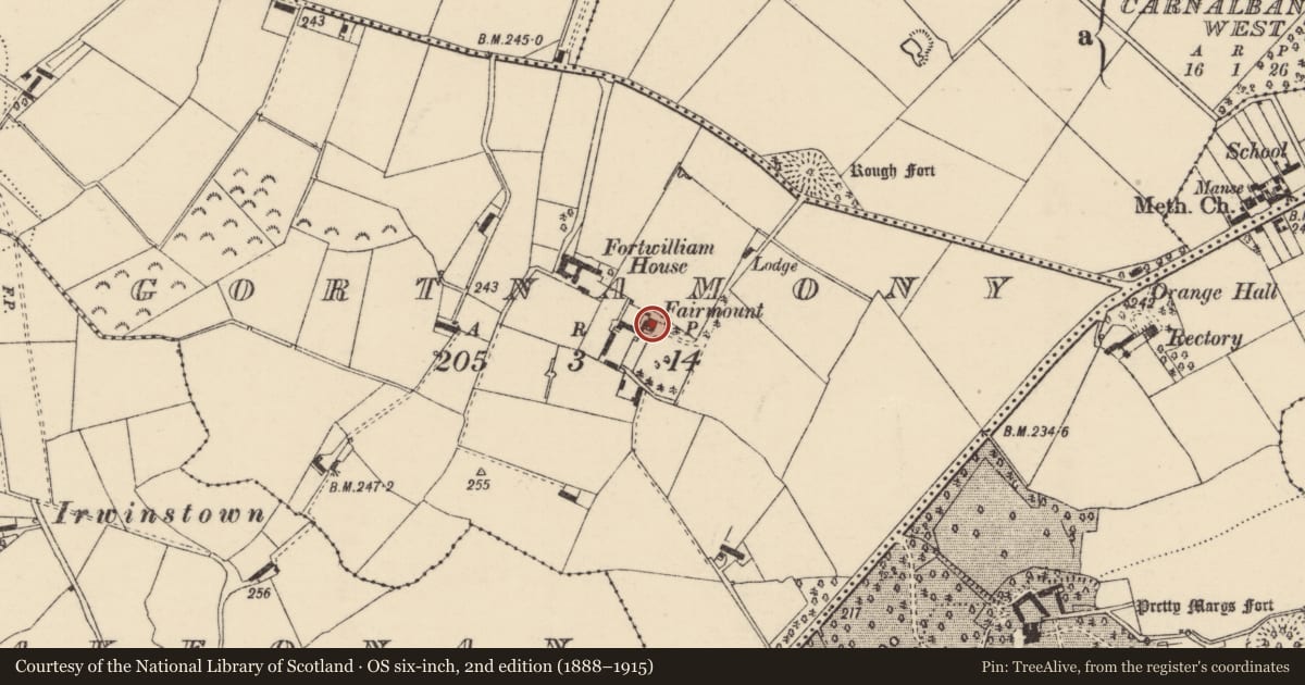 Ordnance Survey six-inch map, 2nd edition (1888–1915) covering the location of Fairmount, Gortnamony, Lisburn and Castlereagh, with a pin at the register's coordinates