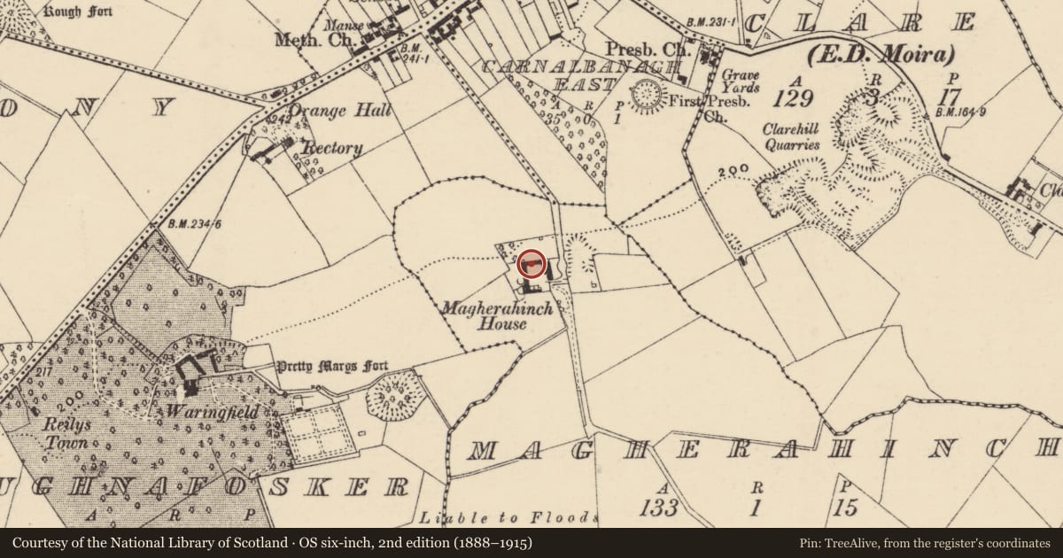 Ordnance Survey six-inch map, 2nd edition (1888–1915) covering the location of Magherahinch House, Lisburn and Castlereagh, with a pin at the register's coordinates
