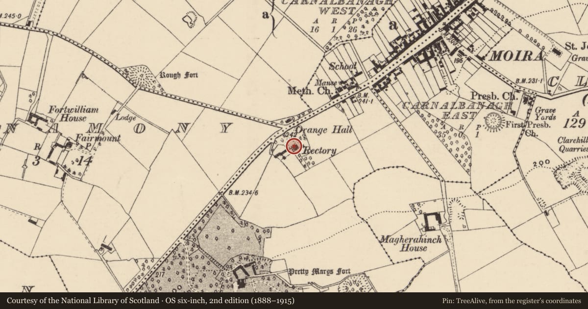 Ordnance Survey six-inch map, 2nd edition (1888–1915) covering the location of Former Rectory, Aughnafosker, Lisburn and Castlereagh, with a pin at the register's coordinates