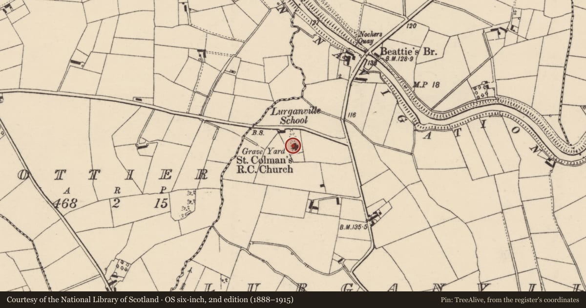 Ordnance Survey six-inch map, 2nd edition (1888–1915) covering the location of St. Colman's Roman Catholic Church, Lurganville, Lisburn and Castlereagh, with a pin at the register's coordinates
