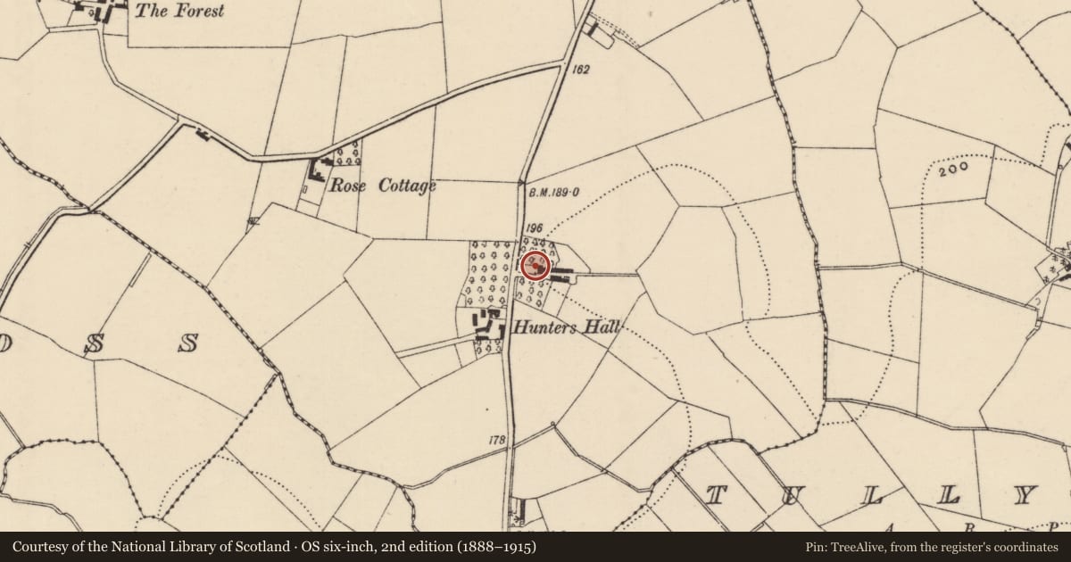 Ordnance Survey six-inch map, 2nd edition (1888–1915) covering the location of Ballymagaraghan House, Lisburn and Castlereagh, with a pin at the register's coordinates