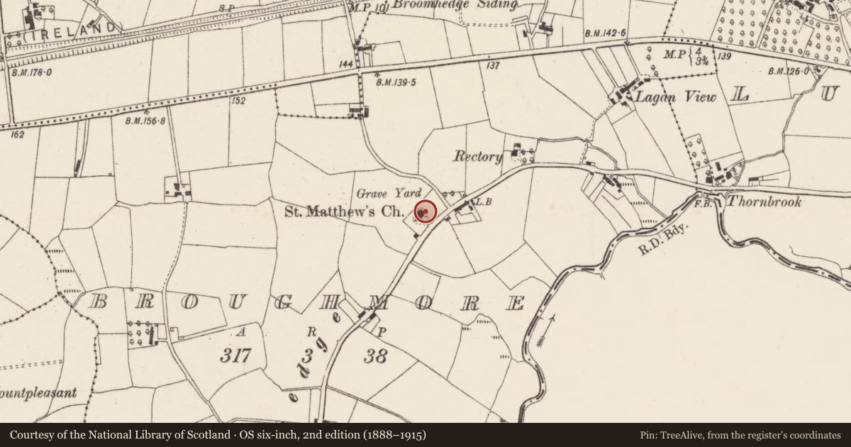 Ordnance Survey six-inch map, 2nd edition (1888–1915) covering the location of Saint Matthews Church of Ireland, Broughmore, Lisburn and Castlereagh, with a pin at the register's coordinates
