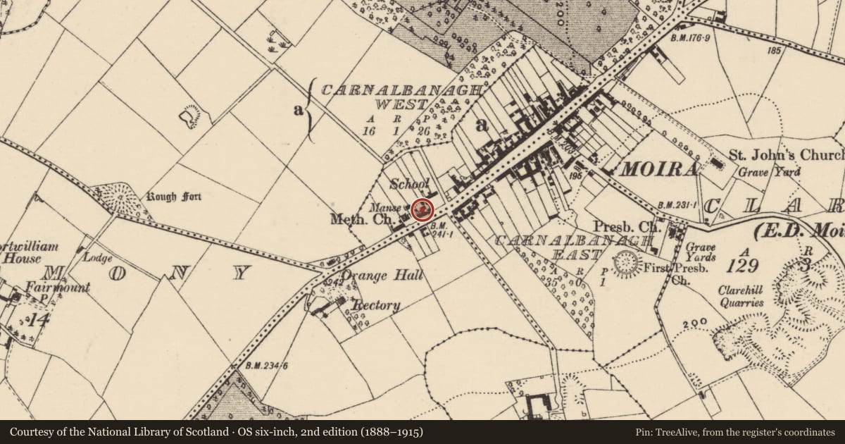 Ordnance Survey six-inch map, 2nd edition (1888–1915) covering the location of 30, 30a, 32, 32a Main Street, Lisburn and Castlereagh, with a pin at the register's coordinates