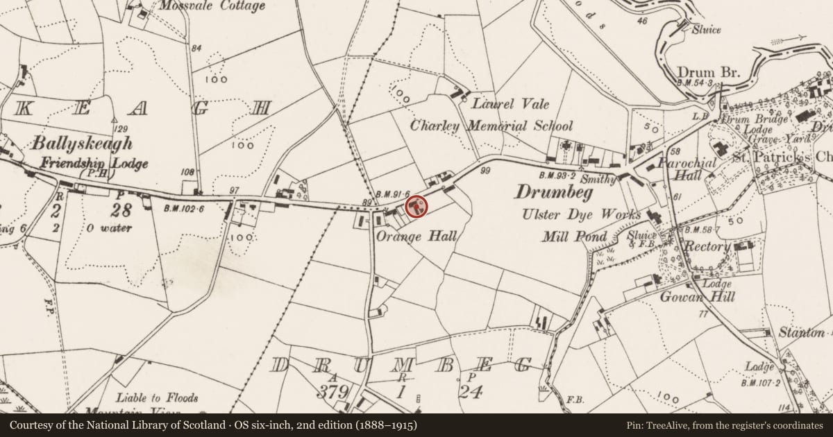 Ordnance Survey six-inch map, 2nd edition (1888–1915) covering the location of 112 Ballyskeagh Road, Lisburn and Castlereagh, with a pin at the register's coordinates