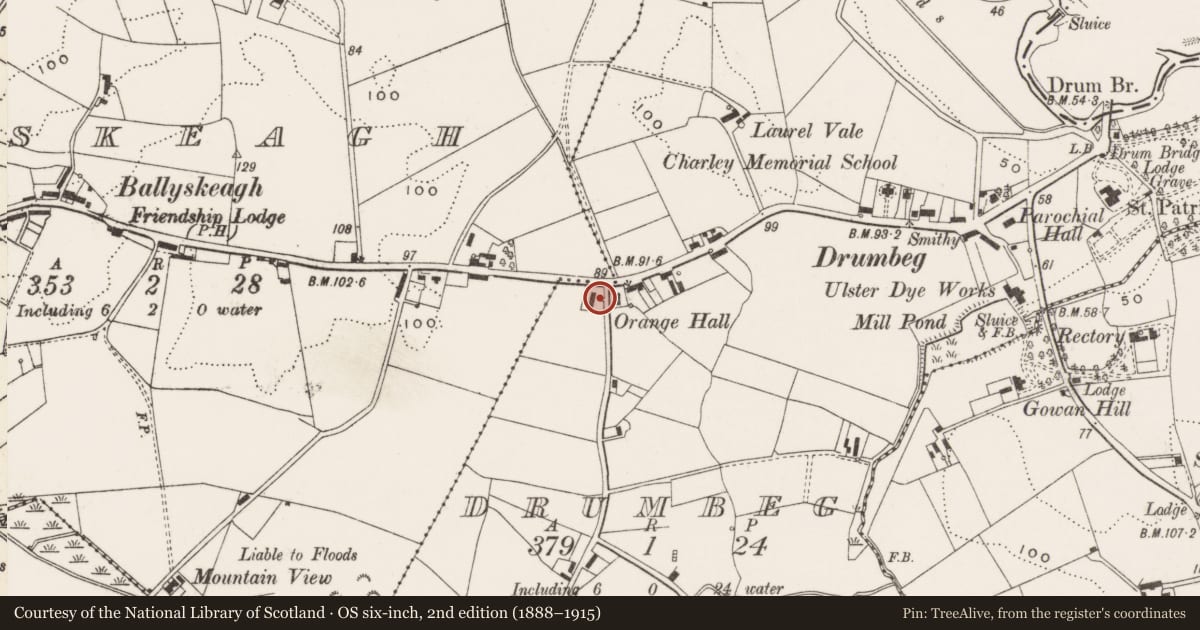 Ordnance Survey six-inch map, 2nd edition (1888–1915) covering the location of 8 Ballyskeagh Road, Lisburn and Castlereagh, with a pin at the register's coordinates