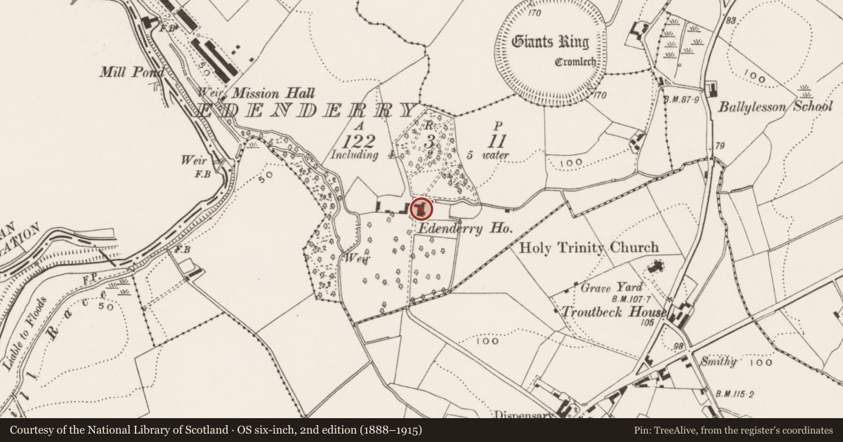Ordnance Survey six-inch map, 2nd edition (1888–1915) covering the location of Edenderry House, Belfast, with a pin at the register's coordinates