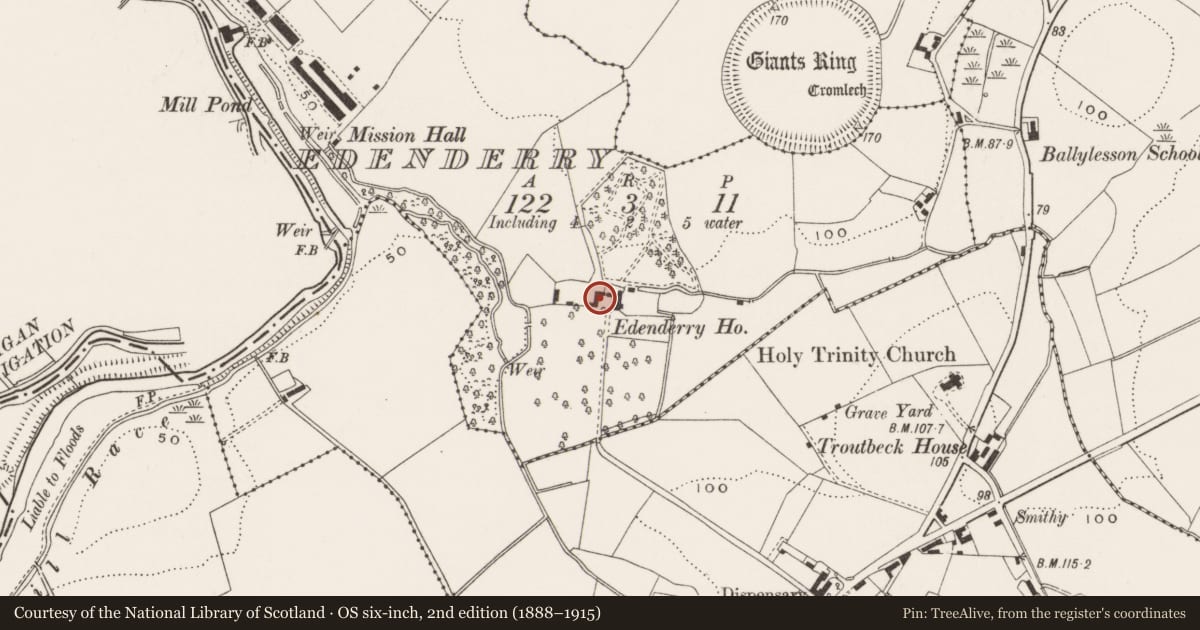Ordnance Survey six-inch map, 2nd edition (1888–1915) covering the location of Outbuildings at Edenderry House, Belfast, with a pin at the register's coordinates