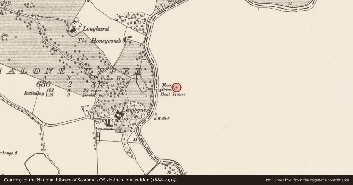 Ordnance Survey six-inch map, 2nd edition (1888–1915) covering the location of Edenderry House, Belfast, with a pin at the register's coordinates