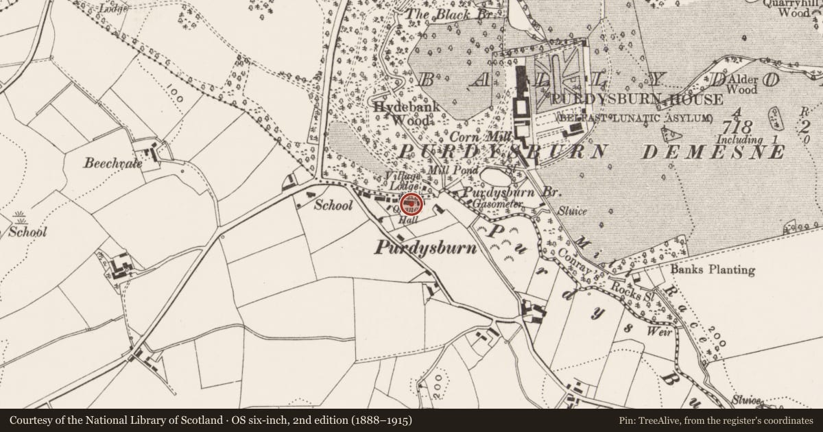 Ordnance Survey six-inch map, 2nd edition (1888–1915) covering the location of 12 and 13 Purdysburn Village and Purdysburn Gospel Hall, Lisburn and Castlereagh, with a pin at the register's coordinates