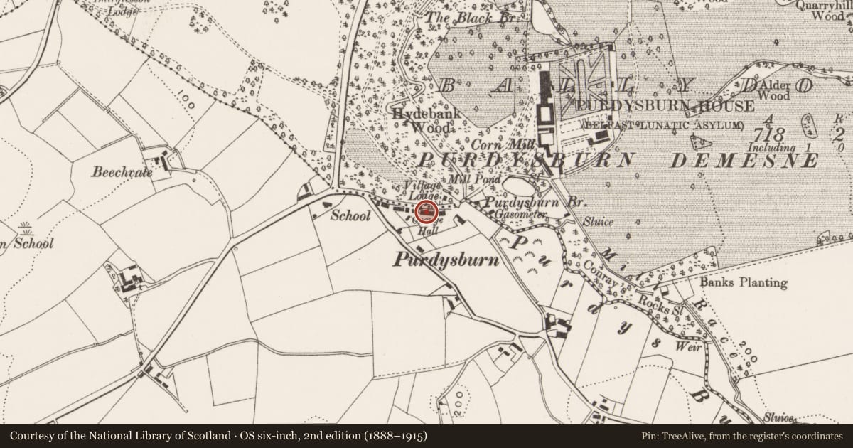 Ordnance Survey six-inch map, 2nd edition (1888–1915) covering the location of 8 Purdysburn Village, Ballycowan, Lisburn and Castlereagh, with a pin at the register's coordinates