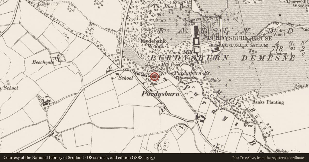 Ordnance Survey six-inch map, 2nd edition (1888–1915) covering the location of 9 Purdysburn Village, Ballycowan, Lisburn and Castlereagh, with a pin at the register's coordinates