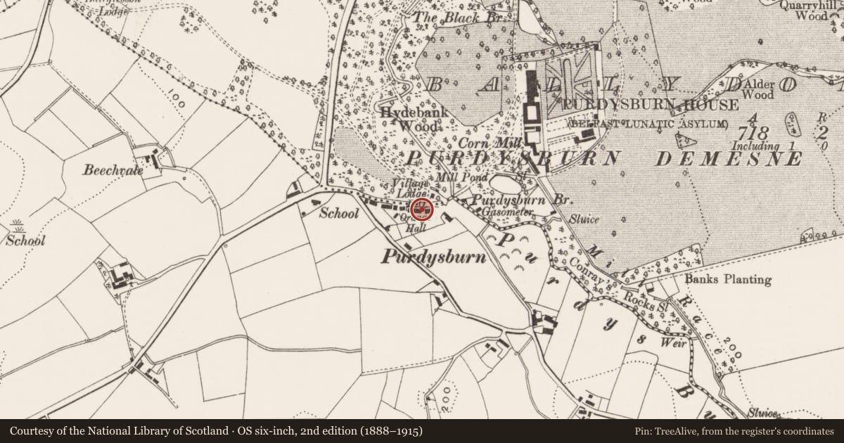 Ordnance Survey six-inch map, 2nd edition (1888–1915) covering the location of 10 Purdysburn Village, Ballycowan, Lisburn and Castlereagh, with a pin at the register's coordinates