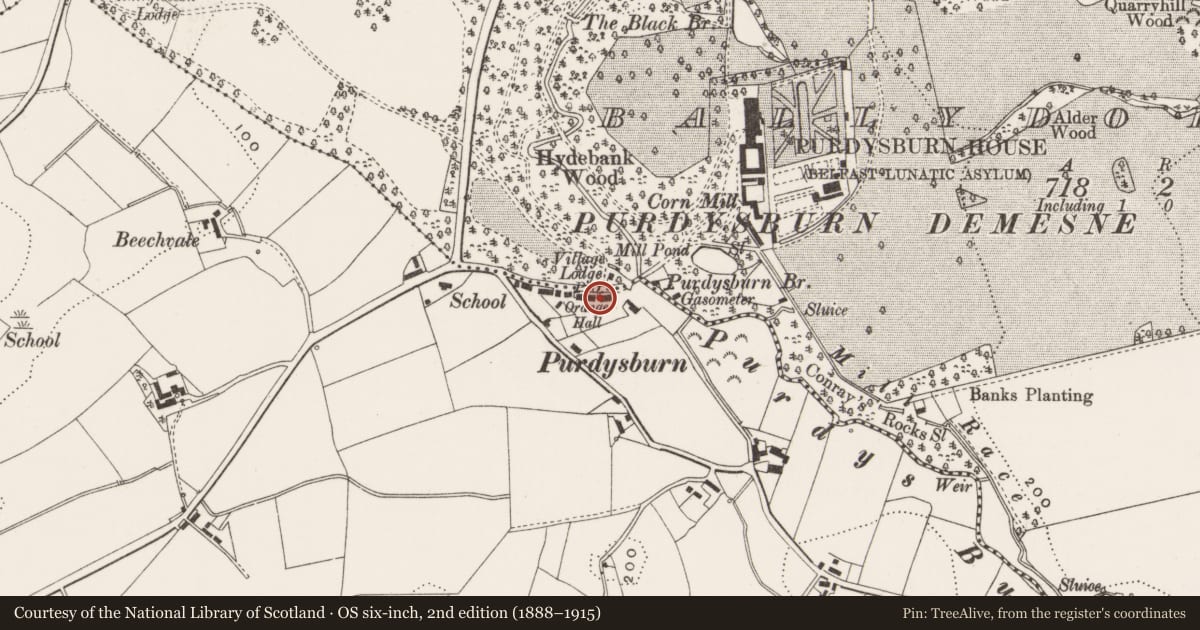 Ordnance Survey six-inch map, 2nd edition (1888–1915) covering the location of 11 Purdysburn Village, Ballycowan, Lisburn and Castlereagh, with a pin at the register's coordinates