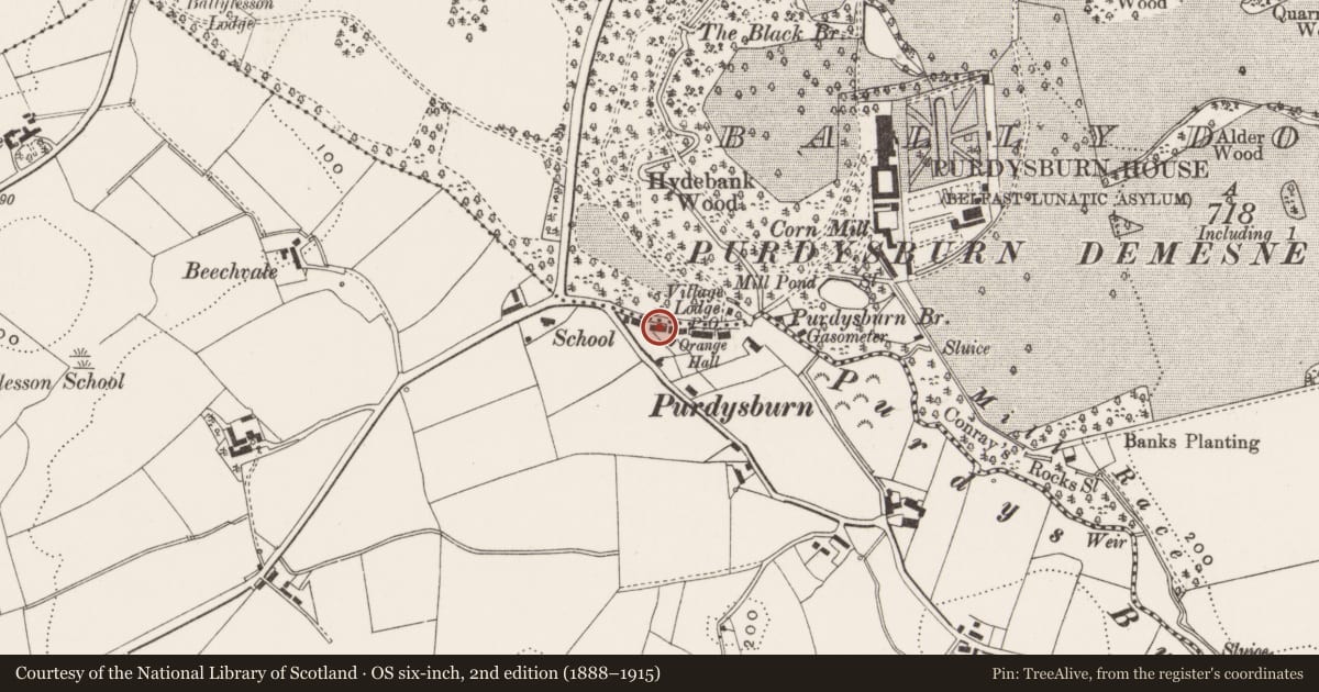 Ordnance Survey six-inch map, 2nd edition (1888–1915) covering the location of 4 Purdysburn Village, Ballycowan, Lisburn and Castlereagh, with a pin at the register's coordinates