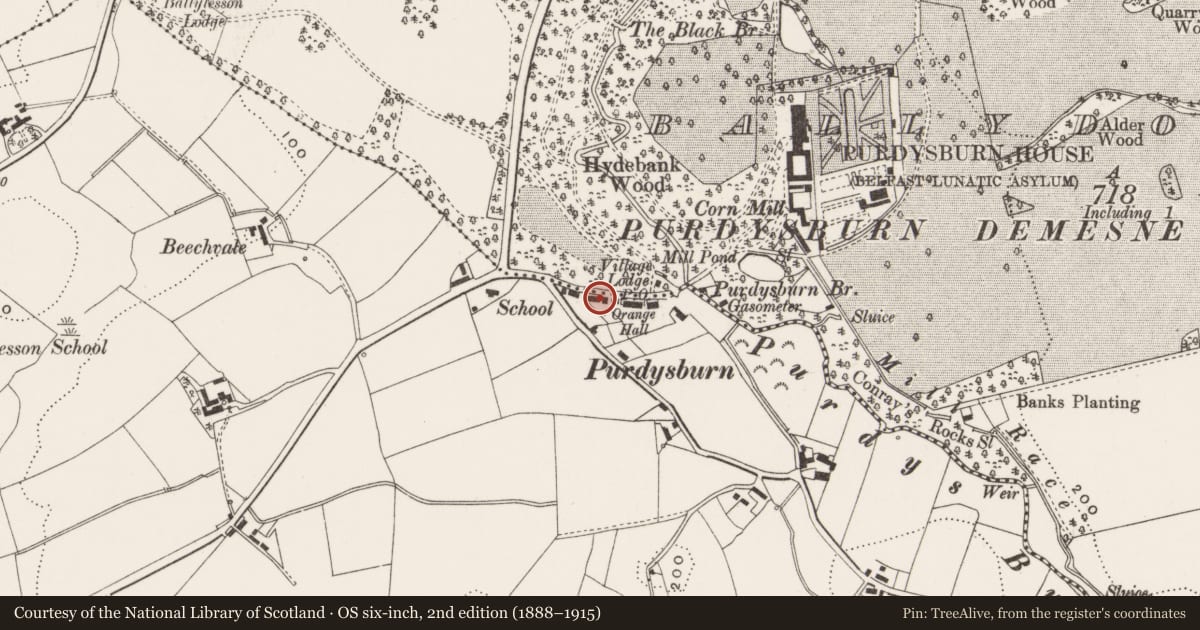 Ordnance Survey six-inch map, 2nd edition (1888–1915) covering the location of 5 Purdysburn Village, Ballycowan, Lisburn and Castlereagh, with a pin at the register's coordinates