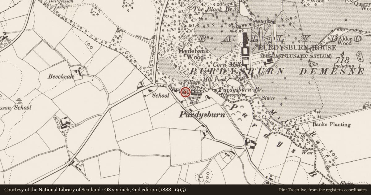 Ordnance Survey six-inch map, 2nd edition (1888–1915) covering the location of 6 Purdysburn Village, Ballycowan, Lisburn and Castlereagh, with a pin at the register's coordinates