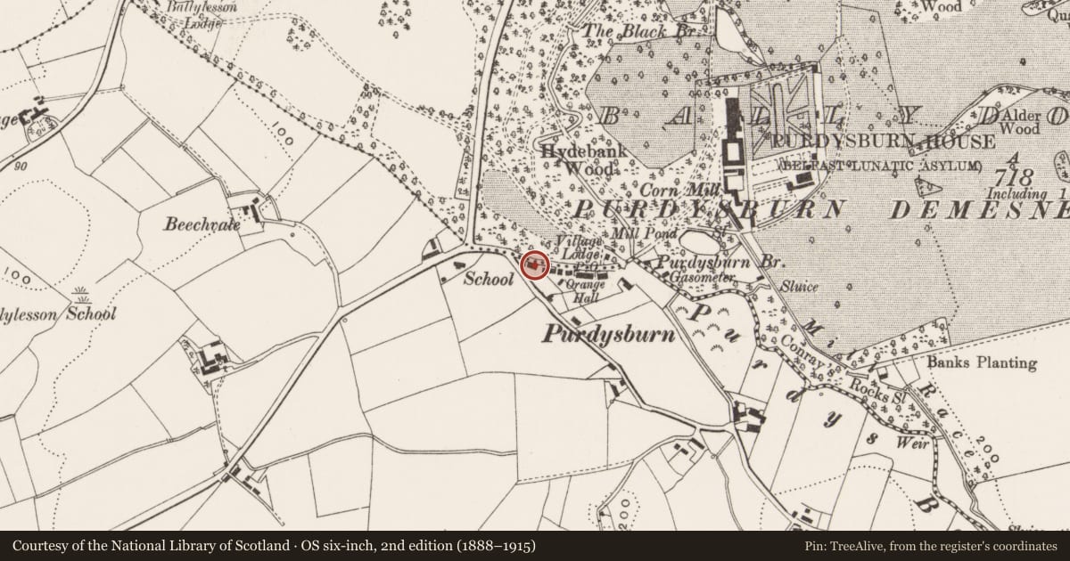 Ordnance Survey six-inch map, 2nd edition (1888–1915) covering the location of 1 Purdysburn Village, Ballycowan, Lisburn and Castlereagh, with a pin at the register's coordinates