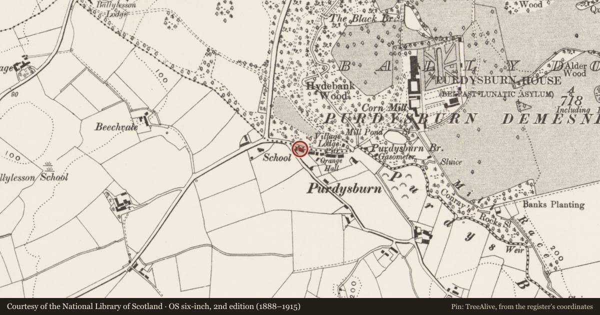 Ordnance Survey six-inch map, 2nd edition (1888–1915) covering the location of Burns Cottage, Ballycowan, Lisburn and Castlereagh, with a pin at the register's coordinates
