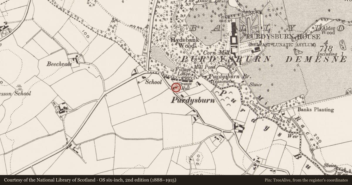 Ordnance Survey six-inch map, 2nd edition (1888–1915) covering the location of 8 Ballycowan Road, Lisburn and Castlereagh, with a pin at the register's coordinates