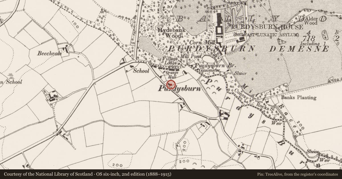 Ordnance Survey six-inch map, 2nd edition (1888–1915) covering the location of 10 Ballycoan Road, Lisburn and Castlereagh, with a pin at the register's coordinates