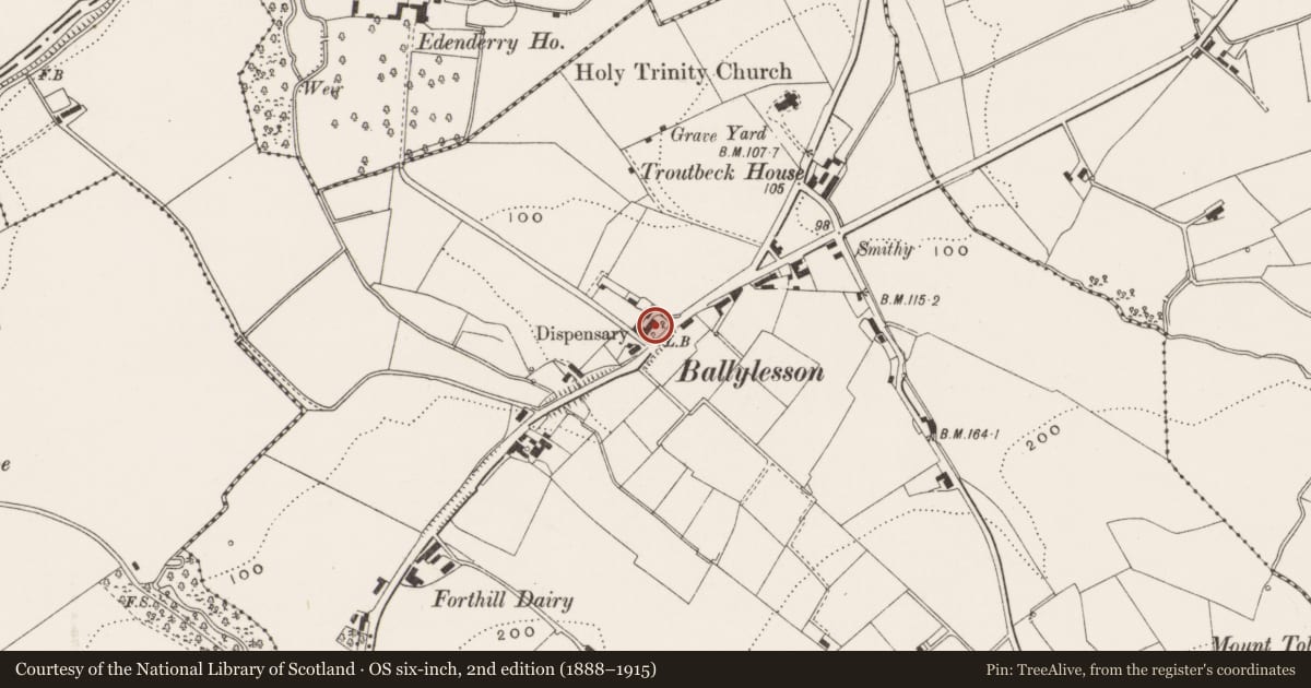 Ordnance Survey six-inch map, 2nd edition (1888–1915) covering the location of Denmoy, Ballylesson, Lisburn and Castlereagh, with a pin at the register's coordinates