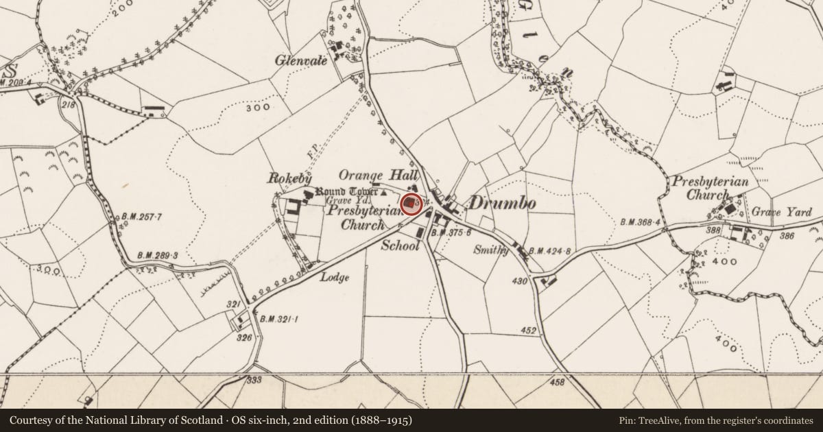 Ordnance Survey six-inch map, 2nd edition (1888–1915) covering the location of Drumbo Presbyterian Church, Lisburn and Castlereagh, with a pin at the register's coordinates