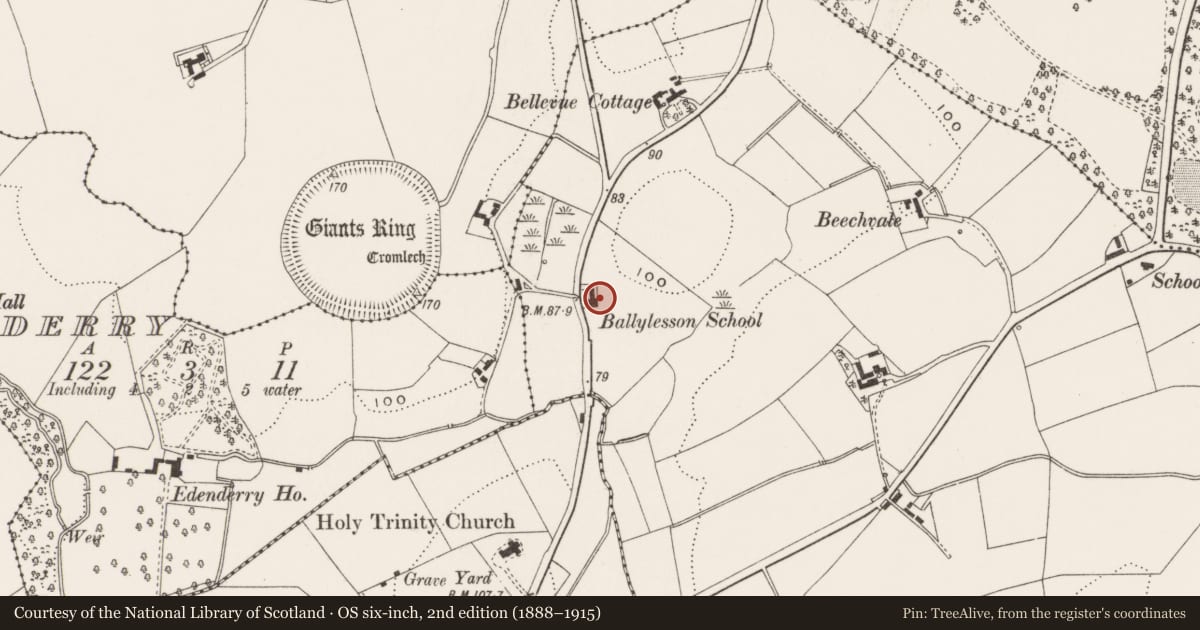 Ordnance Survey six-inch map, 2nd edition (1888–1915) covering the location of 76 Ballylesson Road, Ballycowan, Lisburn and Castlereagh, with a pin at the register's coordinates