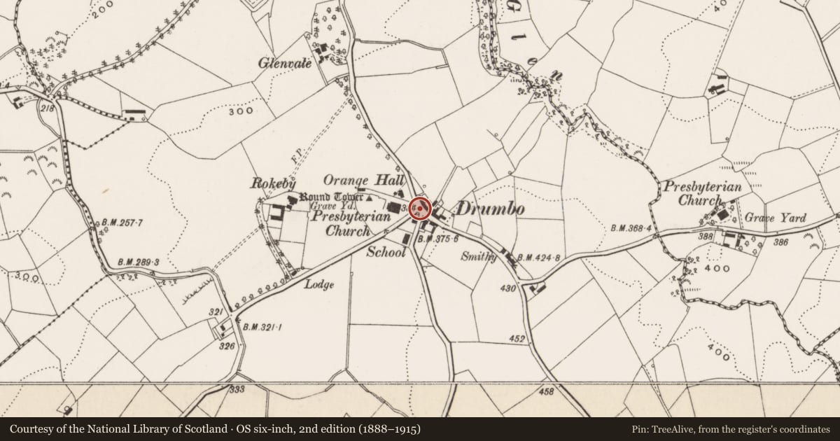 Ordnance Survey six-inch map, 2nd edition (1888–1915) covering the location of Drum Cottage, Lisburn and Castlereagh, with a pin at the register's coordinates