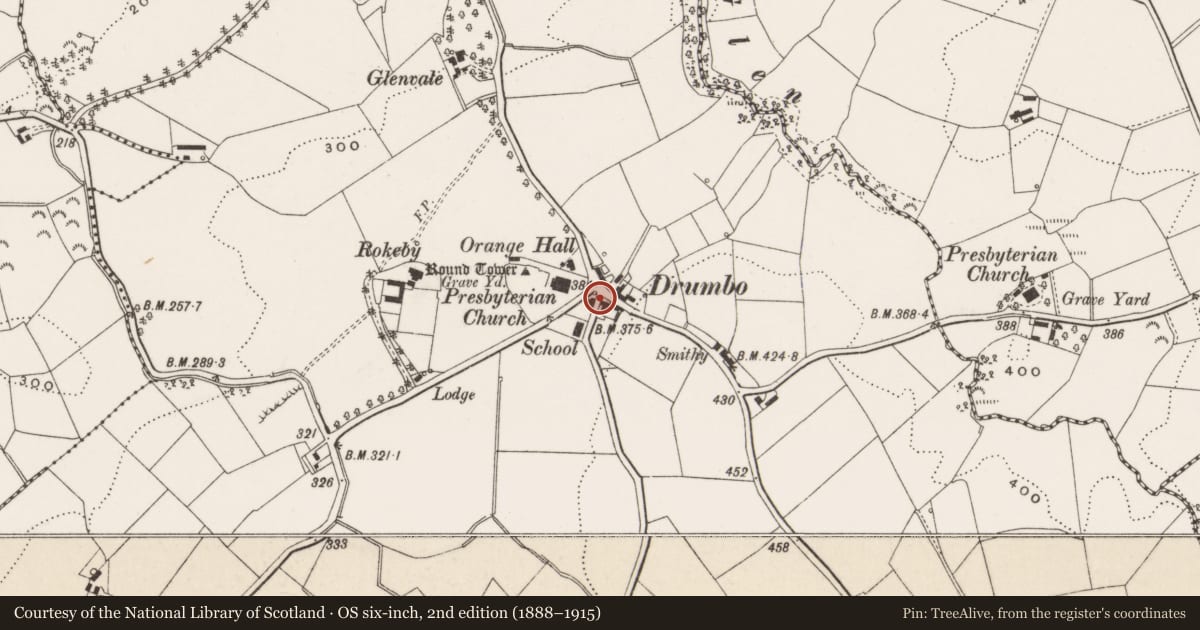 Ordnance Survey six-inch map, 2nd edition (1888–1915) covering the location of Pump at junction of Drumbo, Pinehill and Front Roads, Lisburn and Castlereagh, with a pin at the register's coordinates