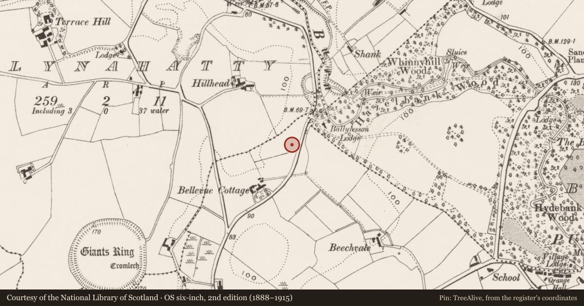 Ordnance Survey six-inch map, 2nd edition (1888–1915) covering the location of Ballycairn Presbyterian Church, Ballycowan, Belfast, with a pin at the register's coordinates
