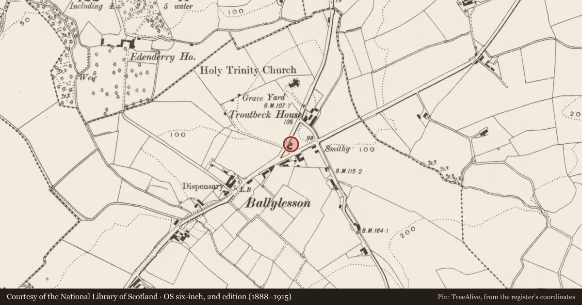 Ordnance Survey six-inch map, 2nd edition (1888–1915) covering the location of Telephone Kiosk, near 112 Ballylesson Road, Belfast BT8, Lisburn and Castlereagh, with a pin at the register's coordinates