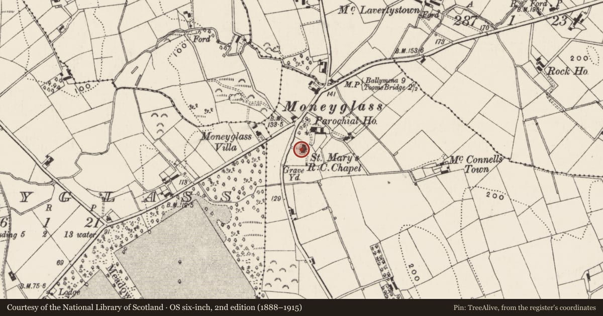Ordnance Survey six-inch map, 2nd edition (1888–1915) covering the location of St. Mary’s RC Church, Moneyglass, Antrim and Newtownabbey, with a pin at the register's coordinates