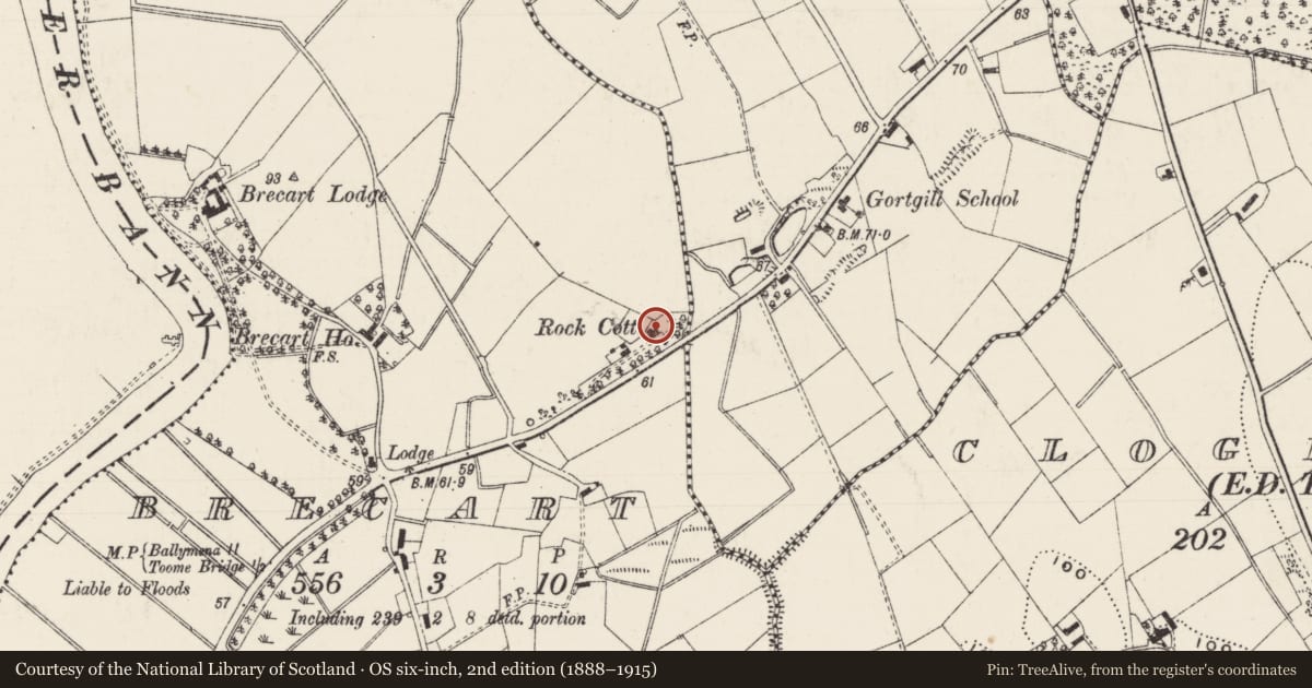 Ordnance Survey six-inch map, 2nd edition (1888–1915) covering the location of Rock Cottage, Brecart, Antrim and Newtownabbey, with a pin at the register's coordinates