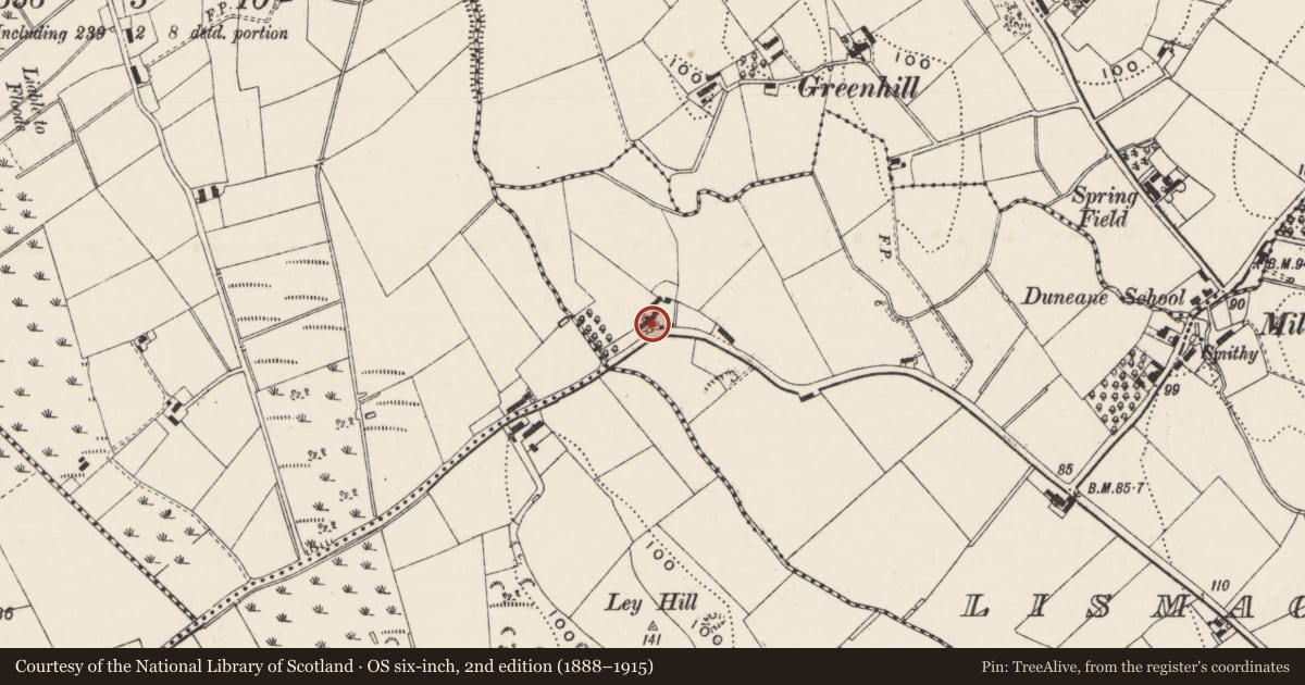 Ordnance Survey six-inch map, 2nd edition (1888–1915) covering the location of Gate, Lismacloskey, Antrim and Newtownabbey, with a pin at the register's coordinates