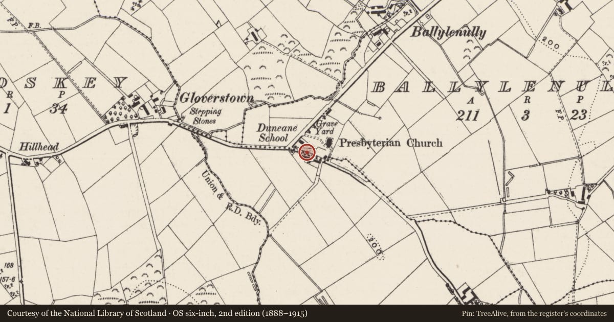 Ordnance Survey six-inch map, 2nd edition (1888–1915) covering the location of 81 Gloverstown Road, Antrim and Newtownabbey, with a pin at the register's coordinates